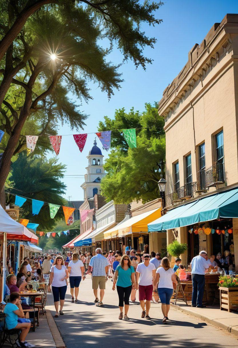 A vibrant and inviting street scene in Somerville, Texas, showcasing a lively local market with people enjoying food and music. Include colorful event banners, a backdrop of charming southern architecture, and lush greenery. Capture a sense of community and joyful atmosphere with smiling faces and children playing. stylized as a sunny, warm day. super-realistic. vibrant colors.