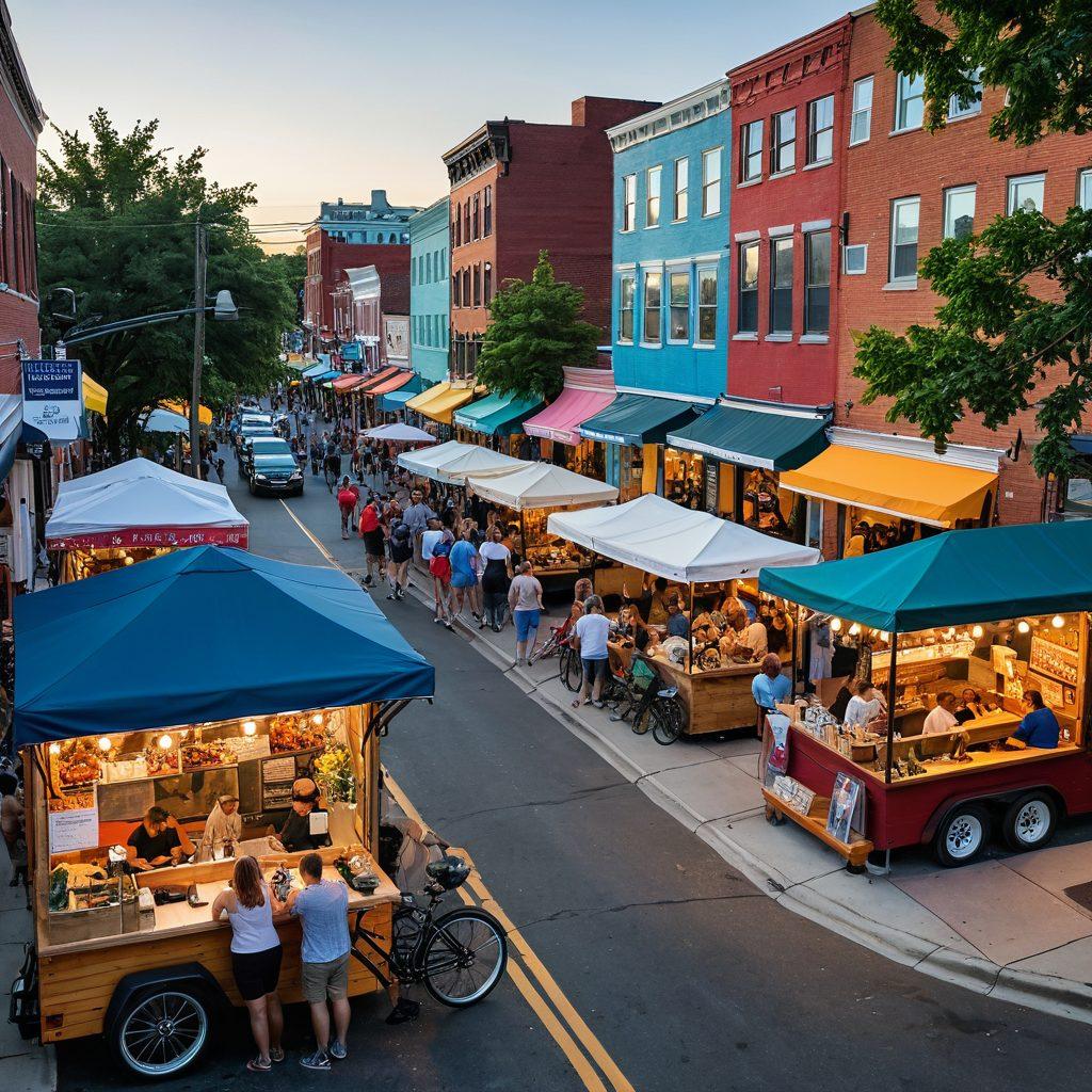 A vibrant and bustling street scene in Somerville, featuring diverse groups of people enjoying outdoor activities like biking, dining at cafes, and attending a local market. Iconic Somerville landmarks in the background, with colorful murals and greenery adding life to the atmosphere. Include elements like live music, street performers, and food trucks to capture the thriving lifestyle. super-realistic. vibrant colors. 3D.