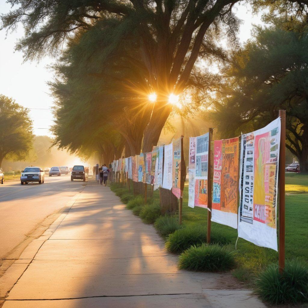 A vibrant street scene in Somerville, Texas showcasing local news boards and community events, with people engaging in conversation, colorful banners, and a glimpse of the Texas countryside in the background. The atmosphere should convey a sense of connection and community spirit. A warm sunset casting golden light over the scene adds to the inviting feel. super-realistic. vibrant colors. warm tones.